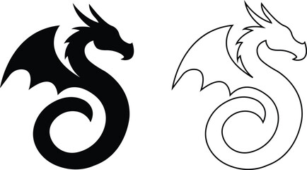 Mythical Dragon Silhouette and Outline Set – Winged Creature Symbol