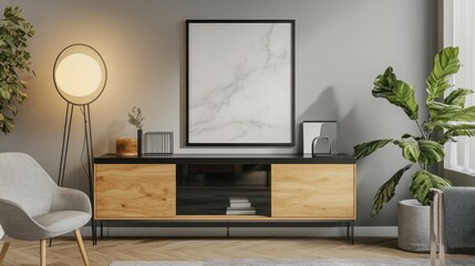 Modern living room interior with wooden cabinet and marble print