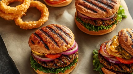 Fototapeta premium A delicious flat lay of grilled to order veggie burgers with colorful toppings and a side of golden onion rings overlay cut out on isolated transparent removed background