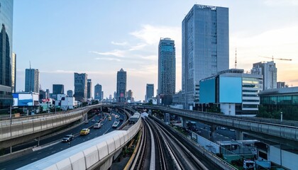 Fototapeta premium Cityscape with highways and elevated train tracks against a light sky