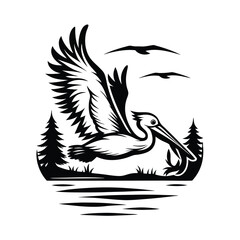 Fototapeta premium Minimalist Pelican in Flight with Water, Trees and Birds Silhouettes