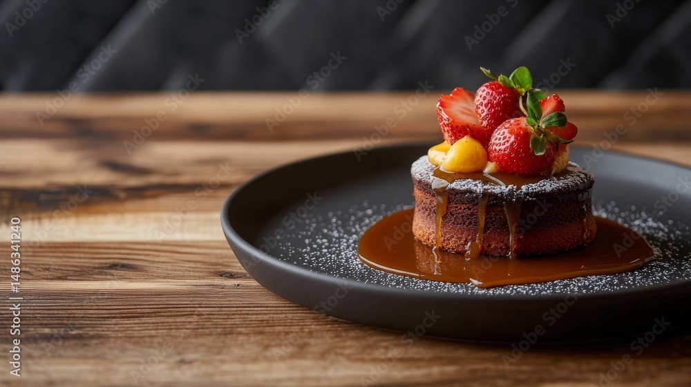 Poster Close-up of a rich chocolate cake adorned with strawberries and caramel, illuminated by soft natural light on a rustic wooden surface creating a warm atmosphere