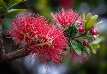 Vibrant red bottlebrush flowers in bloom.