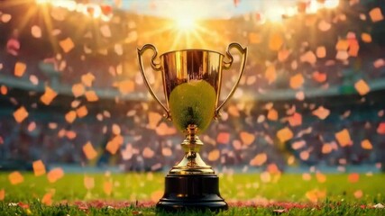 The winner's gold cup on the soccer field with falling confetti in the sunlight.