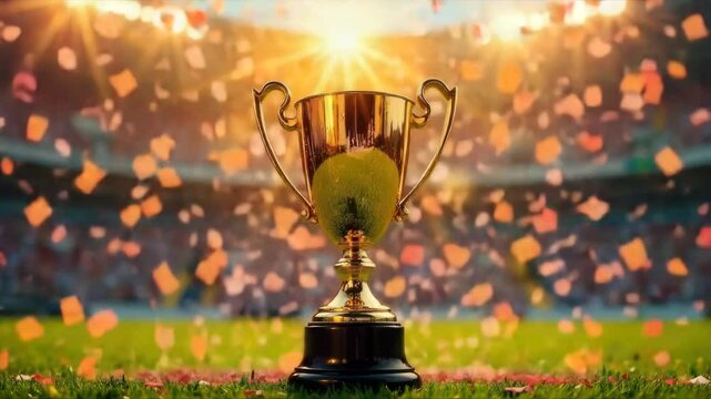 The winner's gold cup on the soccer field with falling confetti in the sunlight.