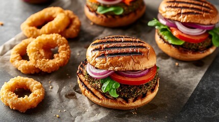 A delicious flat lay of grilled to order veggie burgers with colorful toppings and a side of golden onion rings overlay cut out on isolated transparent removed background