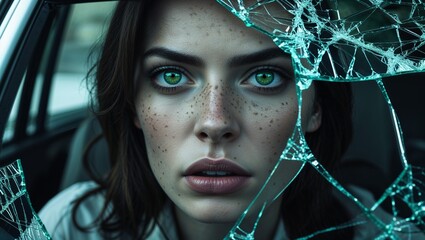 A woman with green eyes looking through a shattered car window with a serious expression on her face