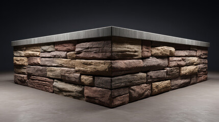 An angular section of an outdoor kitchen counter exhibits rough, layered stonework in earthy tones, capped with a smooth, gray countertop under studio lighting.