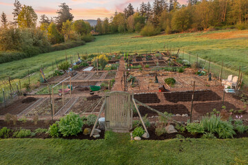 Aerial view of a Community garden located on an island in the Pacific Northwest. Beautiful morning light illuminates a garden area set aside on a land preserve in the Salish Sea area of Washington.