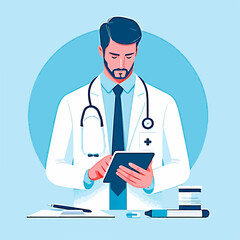 Isolated Vector Illustration of Doctor Using Digital Tablet