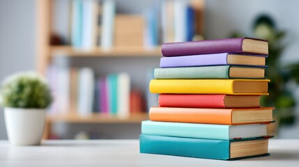 Colorful books stacked on a table in a home library
