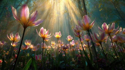 A surreal tulip meadow with flowers appearing translucent under a magical golden glow