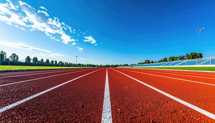 Ground-level track view, red lanes converge under blue sky with scattered clouds