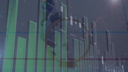 male athlete jumping toward hoop in gym, with floating financial chart showing bar and trend data - Powered by Adobe