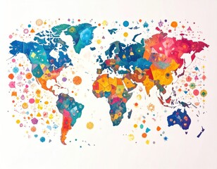 Vibrant, abstracted world map composed of geometric shapes in watercolor style on white background