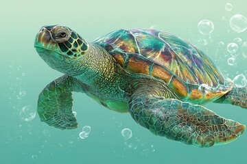 Fototapeta premium Colorful sea turtle swims gracefully in clear turquoise water surrounded by gentle bubbles