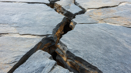 A deep, jagged crack runs across the surface of weathered gray flagstone tiles, creating a dramatic pattern of fractured stone with dark shadows below it all.