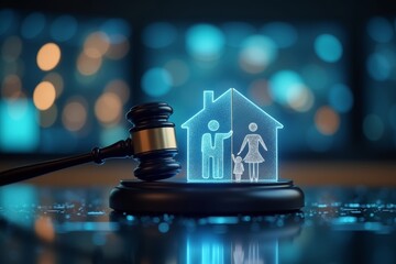 Futuristic Gavel Displaying Division Between Family and Home on Digital Desk