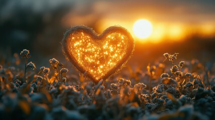 Fototapeta premium Heart shaped light, warm sunset, frost covered field
