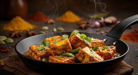 Fototapeta premium Cooking Paneer Tikka Masala in Pan with Spices and Herbs