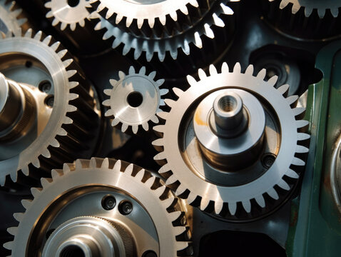 Interlocking metal gears showcasing mechanical engineering, cogs turning