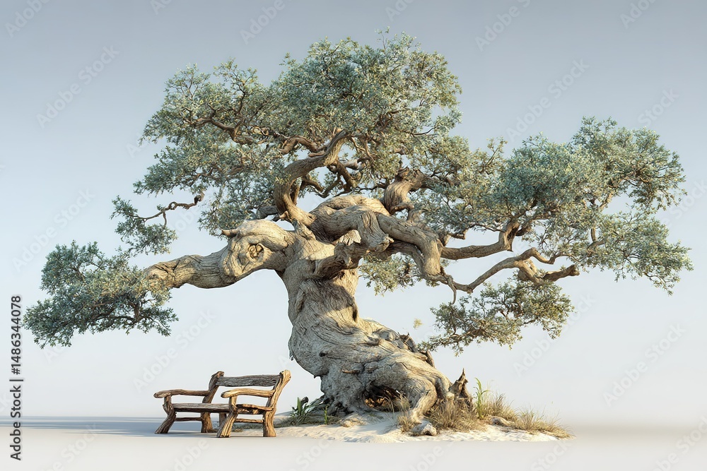 Poster old twisted tree with a bench under its expansive branches in a serene landscape during clear daylig
