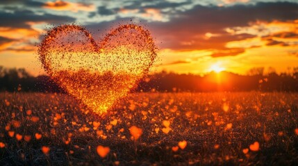 Fototapeta premium Heart-shaped fiery sunset over field