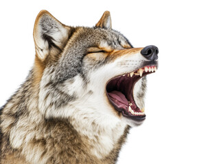 Obraz premium Coyote yawning with mouth open showcasing sharp teeth and fur details in snowy environment, isolated on transparent background, png