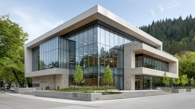 A modern university research center with mirrored glass walls reflecting native forest plantings, living roof gardens visible above, solar thermal collectors along parapets, and students reviewing
