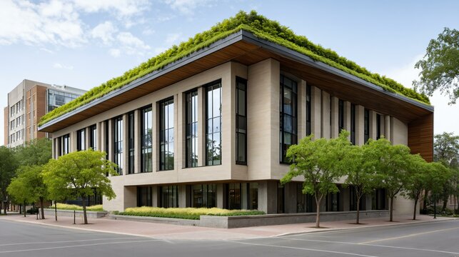 A modern university research center with mirrored glass walls reflecting native forest plantings, living roof gardens visible above, solar thermal collectors along parapets, and students reviewing