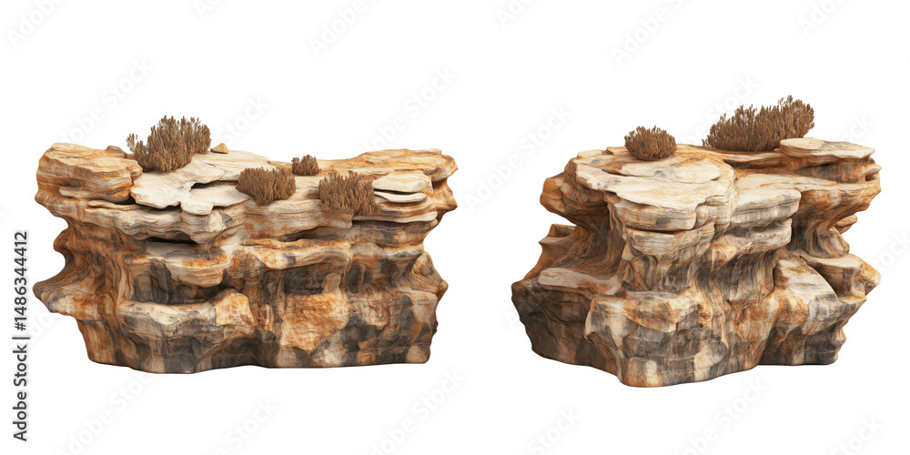 Poster realistic rocky terrain with vegetation for 3d modeling and game design, isolated on transparent bac
