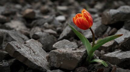 A vibrant tulip pushing through broken stones, symbolic of strength and life overcoming decay
