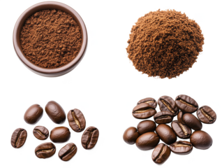 Coffee grounds and beans in various forms for brewing and culinary uses, isolated on transparent background, png