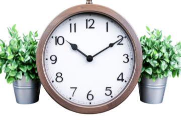 Classic round clock with house plants, ten past two o'clock, cut out transparent