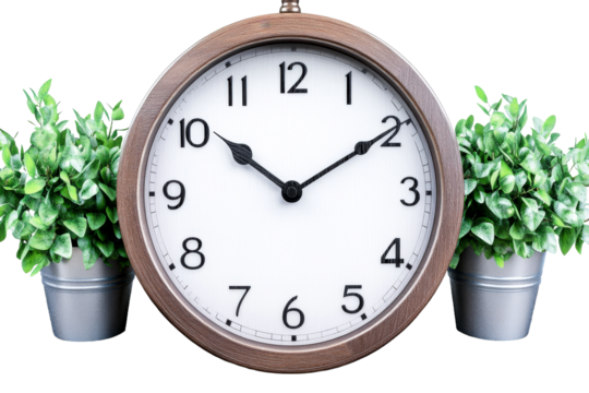 Classic round clock with house plants, ten past two o'clock, cut out transparent
