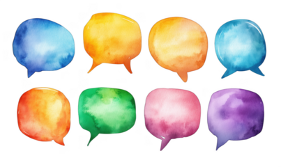 Colorful watercolor speech bubbles in various shapes and sizes for creative design, isolated on transparent background, png