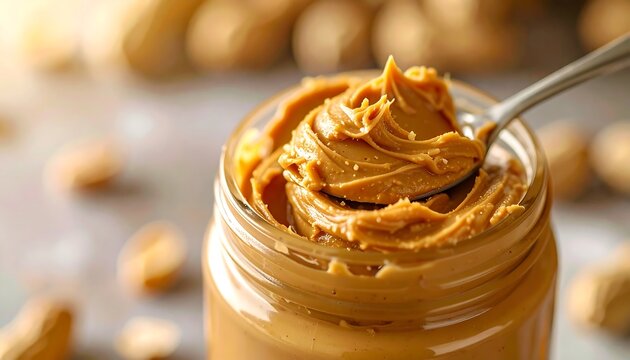 Peanut Butter In Jar With Spoon Retrieving Spread And Scattered Peanuts