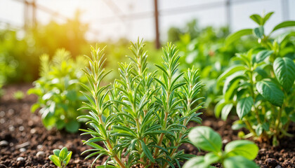 Obraz premium Fresh rosemary and basil plants growing in greenhouse, herbal vitality