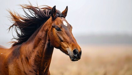 Obraz premium Running Brown Horse Portrait With Flowing Mane Against Blurred Field And Cloudy Sky