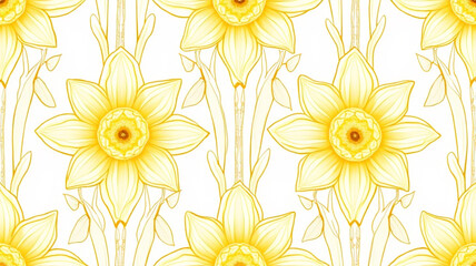 Art Nouveau seamless pattern with daffodils and lines in yellow and white