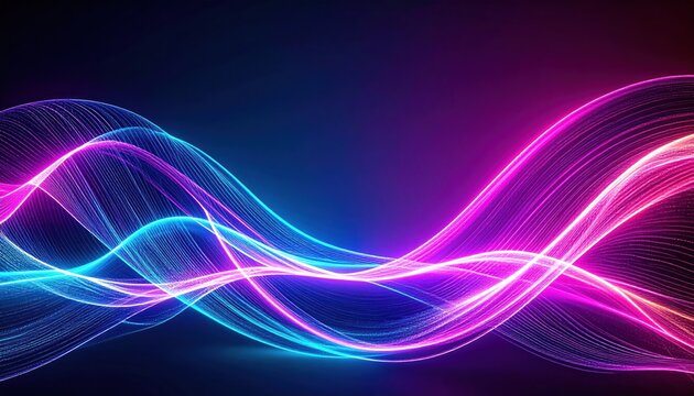 Luminous pink and blue light waves cascade across a dark background - Powered by Adobe