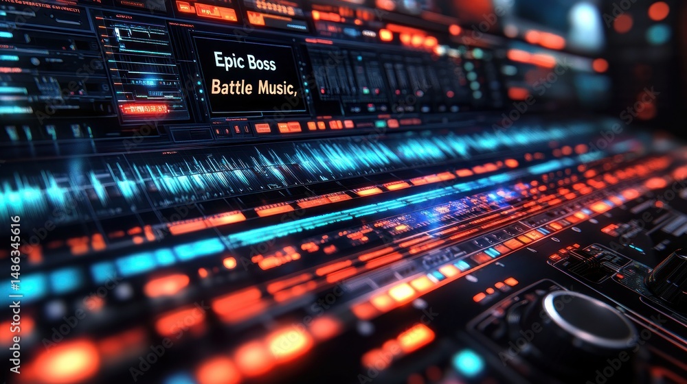 Poster futuristic audio mixing console with vibrant displays showing audio waveform and song