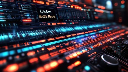 Futuristic audio mixing console with vibrant displays showing audio waveform and song