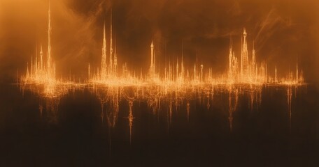 Abstract cityscape of tall towers,  glowing orange, hazy, and atmospheric.  Dark background