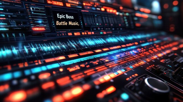 Futuristic audio mixing console with vibrant displays showing audio waveform and song