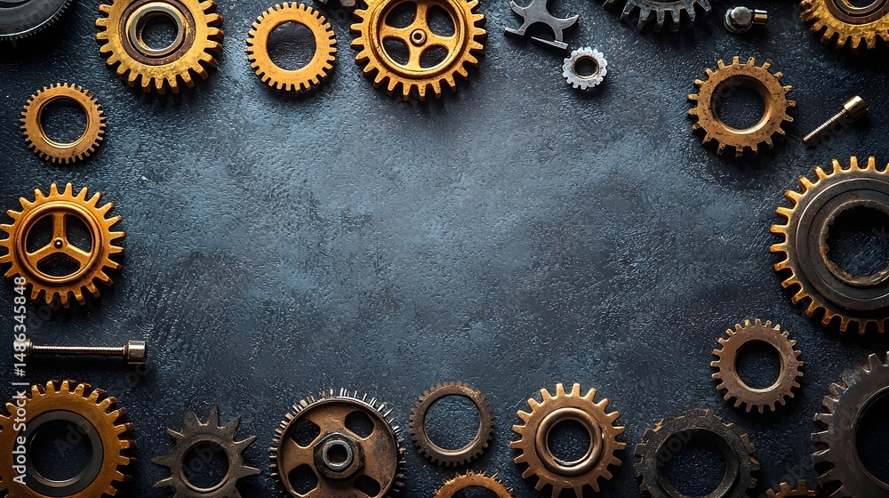 Aufkleber intricate mechanical and tools fill the workspace long title a collection of gears cogs and other in