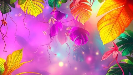 Vibrant Tropical Paradise A Lush Digital Painting of Exotic Flowers and Leaves in Vivid, Dreamlike Colors