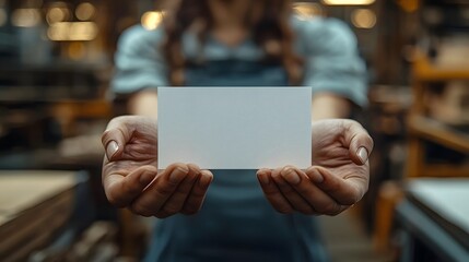 A factory worker s hands holding a blank white gift card