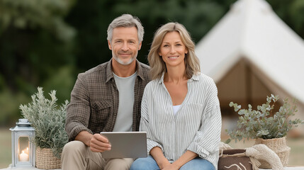 Smiling senior couple using tablet while sitting outdoors by tent - Concept of Seniors using modern technology
