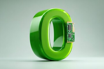 Bright green letter O with a circuit board detail showcasing technology and creativity in modern design